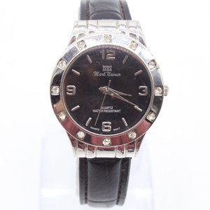 Vintage Mark Naimer Watch Womens Silver Tone Stainless Steel Black Leather Band